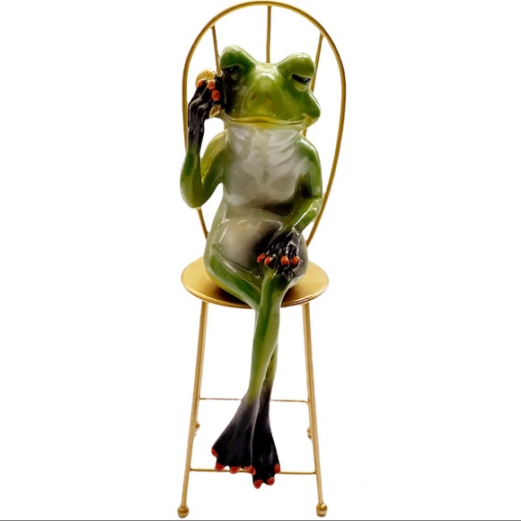 🐸FROG 9” SCULPTURE FIGURINE WITH PHONE ON CHAIR - Picture 4 of 7